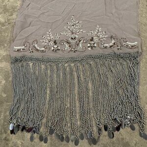 Sue Wong SILK Scarf Shawl 8 Runner Evening Large Hand Beade Platinum Silver Grey